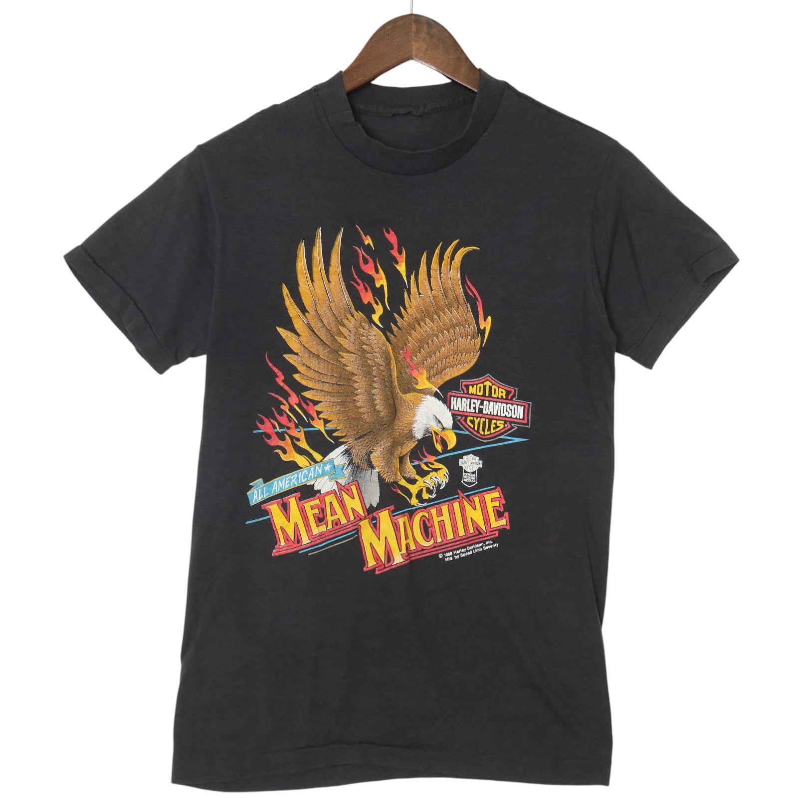 80年代 HARLEY DAVIDSON ハーレーダビッドソン MEAN MACHINE 半袖Ｔシャツ モーターサイクル ブラック(メンズ M相当)中古 古着 A5062｜YAMAHISA USEDCLOTHINGSHOP