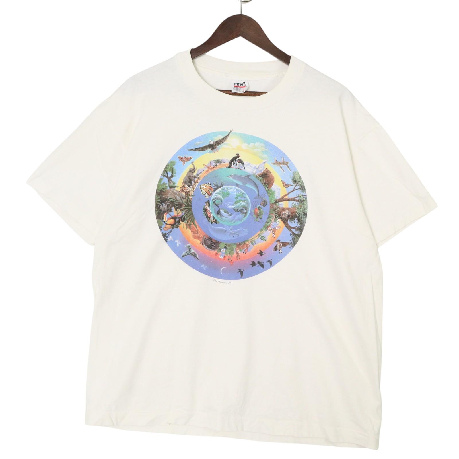90年代 USA製 アニマルプリント Human-i-Tees 1994 半袖Ｔシャツ ホワイト(メンズ XL)中古 古着 A5080