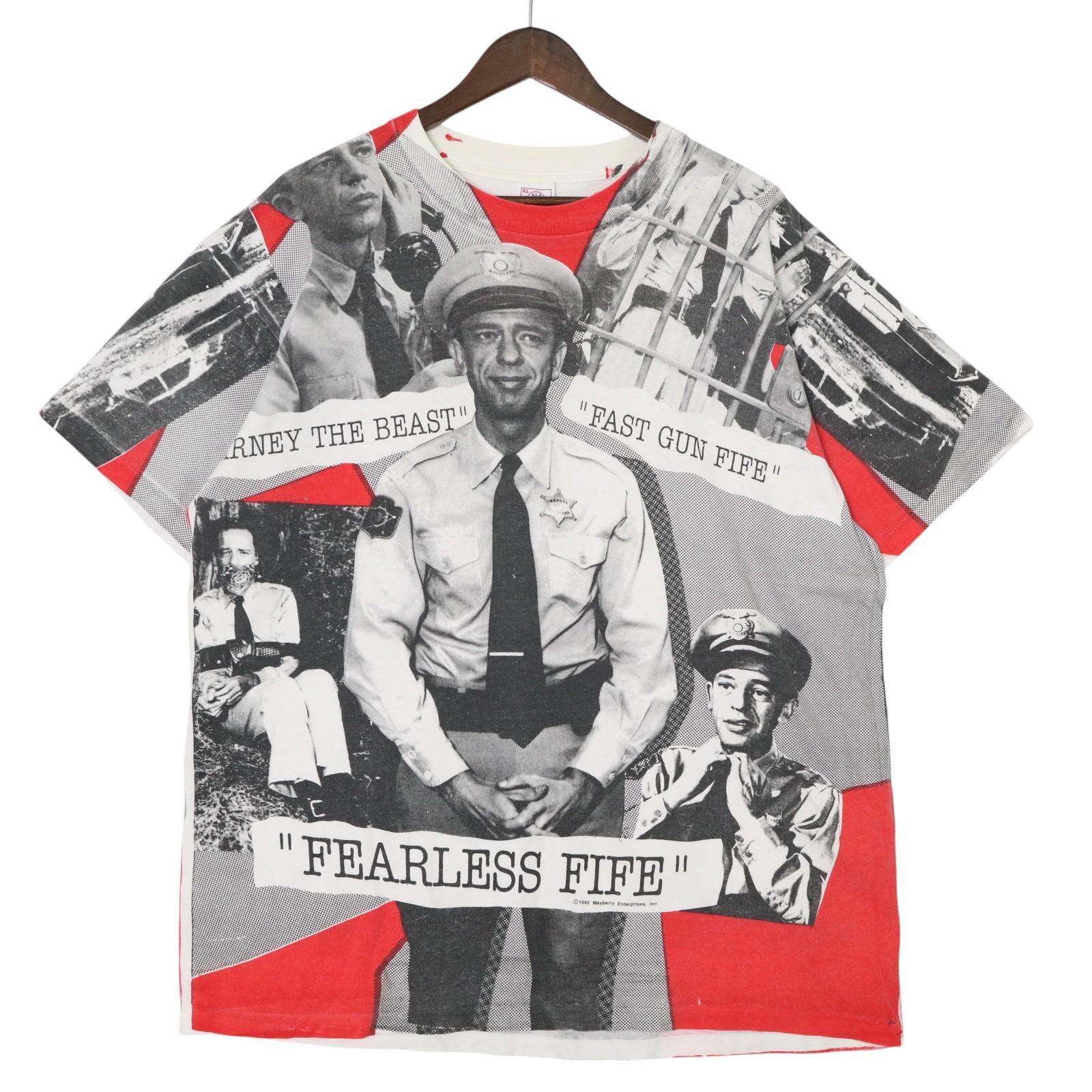 90年代 USA製 メイベリー110番 バーニー・ファイフ オールオーバープリント 半袖Ｔシャツ キャラクター(メンズ XL)中古 古着 A5081