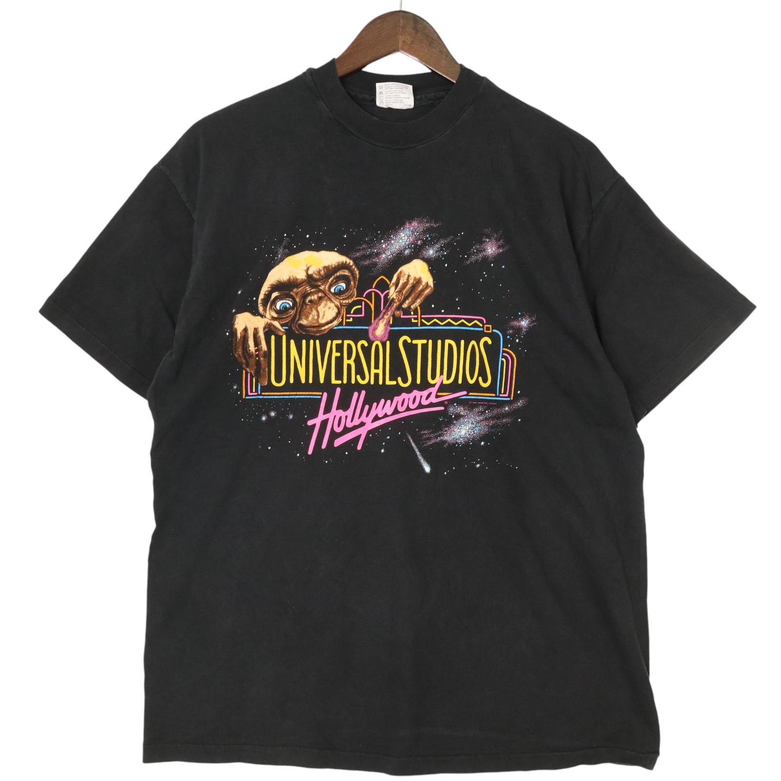 80年代 USA製 ユニバーサル・スタジオ UNIVERSAL STUDIO Hollywood E.T. 半袖Ｔシャツ ブラック(メンズ LARGE)中古 古着 A5090