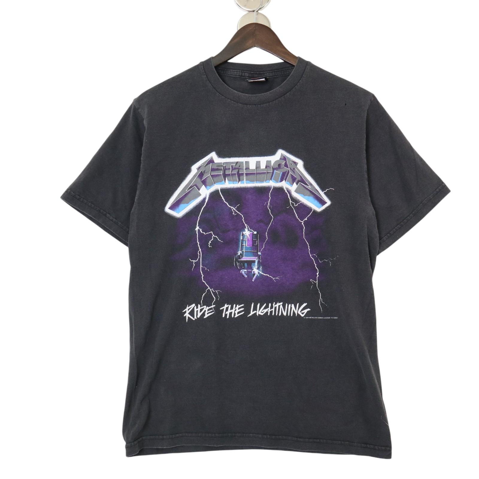 90年代 GIANT ジャイアント METALLICA メタリカ Ride the Lightning 半袖Ｔシャツ バンド ブラック(メンズ MEDIUM)中古 古着 A5124