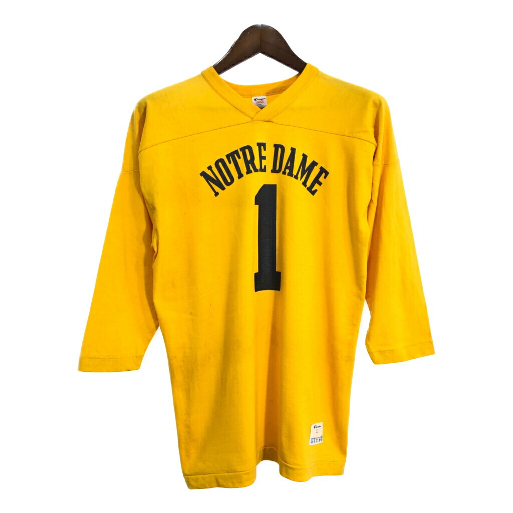 80年代 USA製 Champion チャンピオン NOTREDAME ノートルダム フットボールＴシャツ カレッジ イエロー(メンズ LARGE)中古 古着 T8254