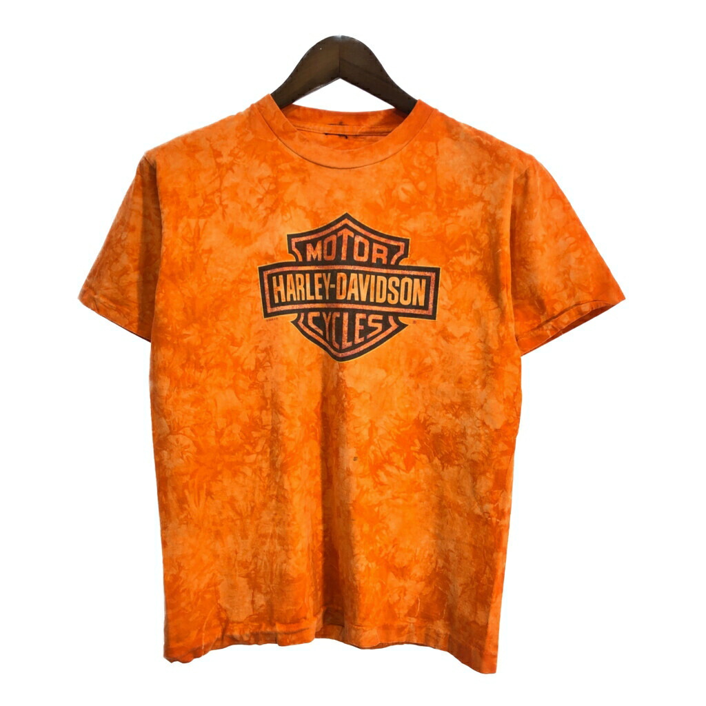 90年代 HARLEY DAVIDSON ハーレーダビッドソン ロゴ 半袖Tシャツ モーターサイクル タイダイ オレンジ(メンズ S相当)中古 古着 T8393