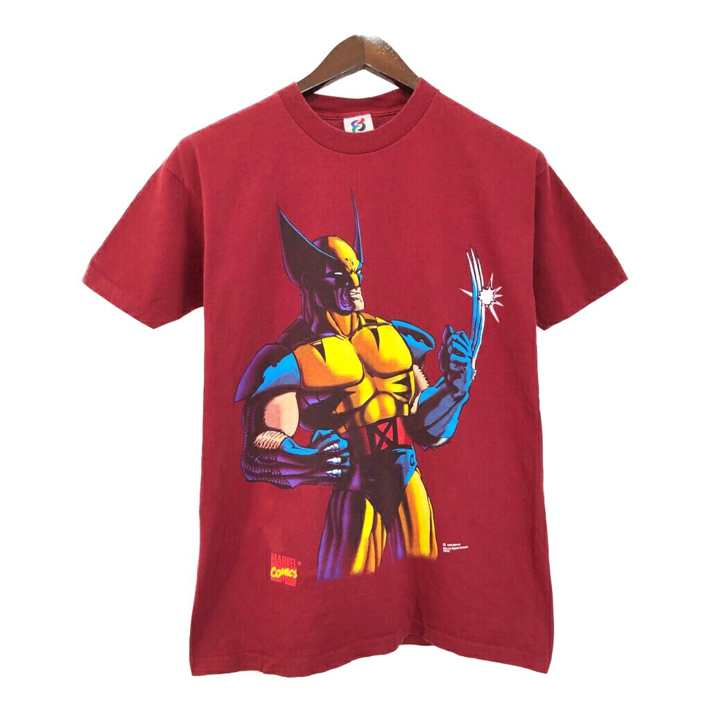 90年代 USA製 MARVEL マーベル ウルヴァリン Wolverine 半袖Ｔシャツ アニメ キャラクター レッド(メンズ SMALL)中古 古着 T8436