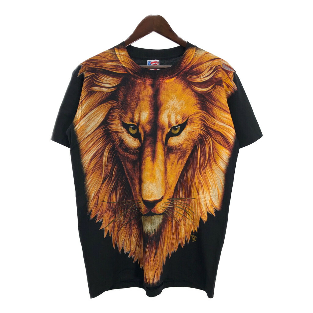 Tシャツ (L) アニマルプリント ライオン タイダイ柄 大きめサイズ 茶 古着 10`s THE MOUNTAIN ライオンタイダイプリントTシャツ USA製 ライト