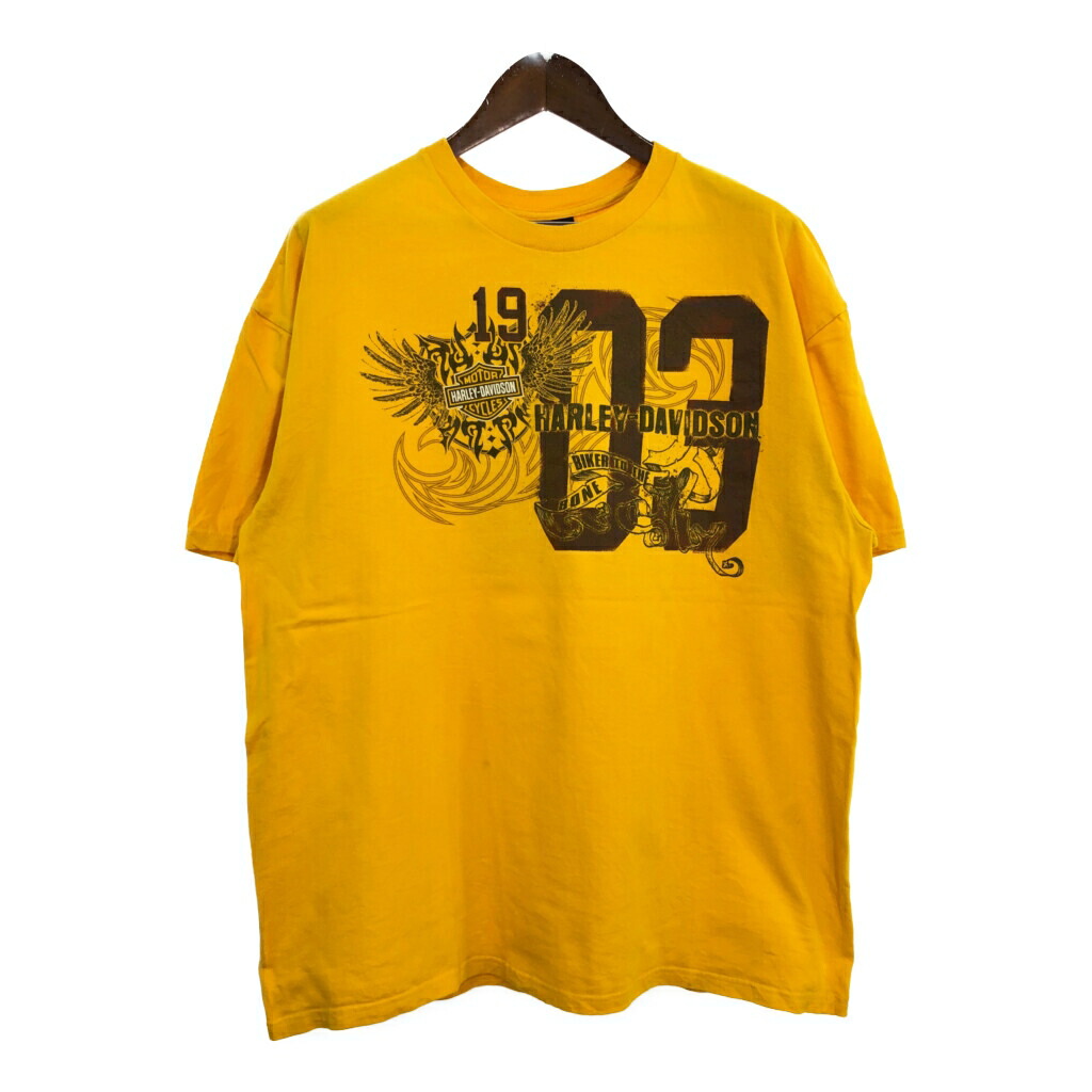 HARLEY DAVIDSON ハーレーダビッドソン 半袖Ｔシャツ 大きいサイズ モーターサイクル イエロー(メンズ 2XL)中古 古着 T9836