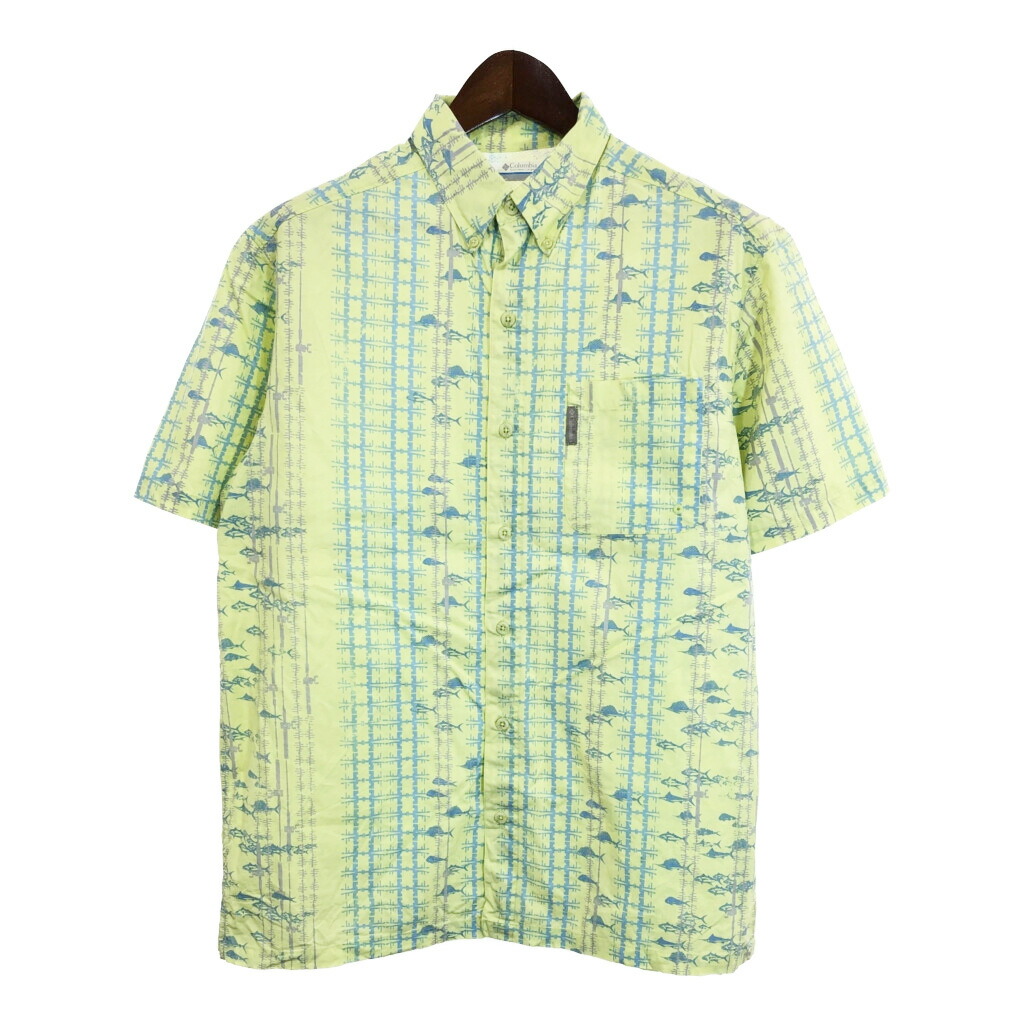 コロンビア 総柄 インド製 ボタンダウン ポケット L 半袖チェックシャツ 90s Columbiaコロンビア 魚 総柄 ボタンダウン 半袖 シャツ