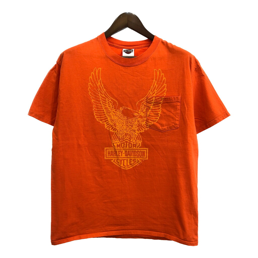 HARLEY DAVIDSON ハーレーダビッドソン ポケットＴシャツ モーターサイクル オレンジ(メンズ LARGE)中古 古着 U0639