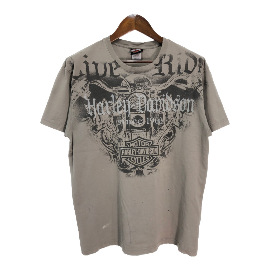 HARLEY DAVIDSON ハーレーダビッドソン 半袖Ｔシャツ モーターサイクル カーキ(メンズ L)中古 古着 U0783