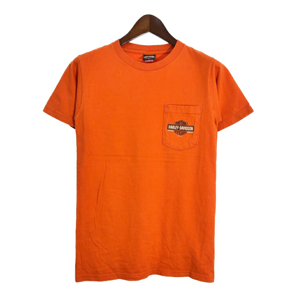 00年代 HARLEY DAVIDSON ハーレーダビッドソン ポケットＴシャツ モーターサイクル オレンジ(メンズ S)中古 古着 U1191