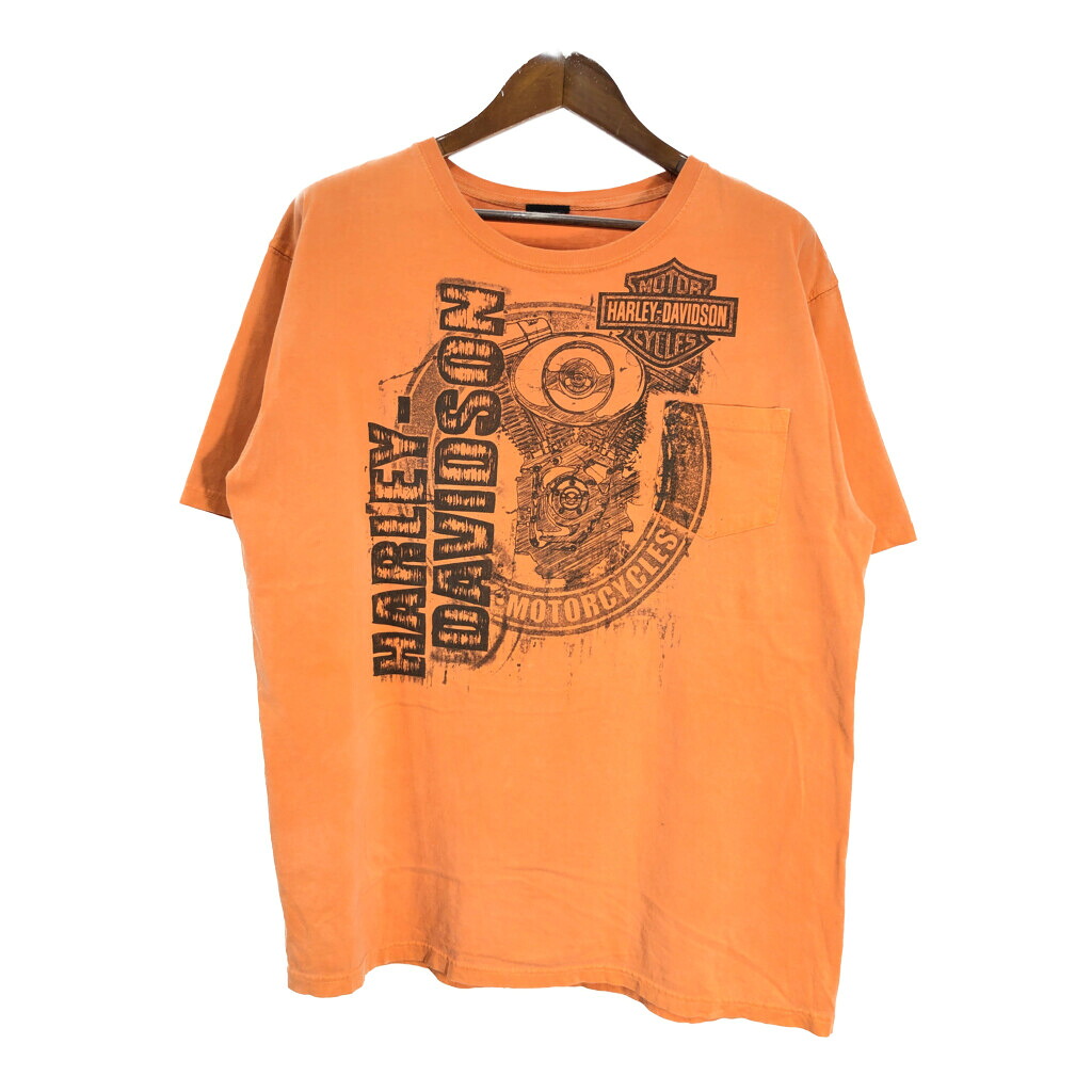 HARLEY DAVIDSON ハーレーダビッドソン モーターサイクル ポケットＴシャツ オレンジ(メンズ XL相当)中古 古着 U1227