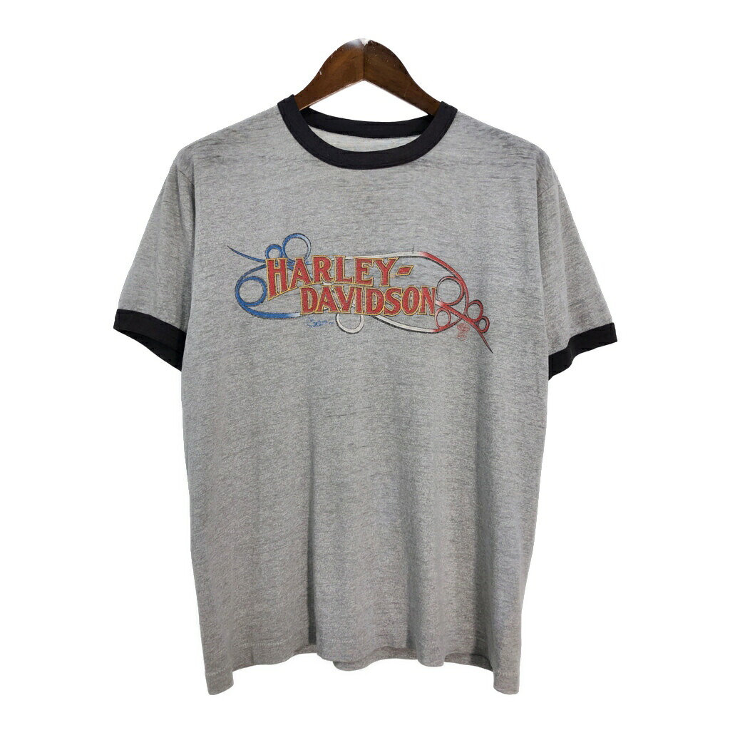 80年代 HARLEY DAVIDSON ハーレーダビッドソン モーターサイクル リンガーＴシャツ グレー(メンズ L相当)中古 古着 U1662
