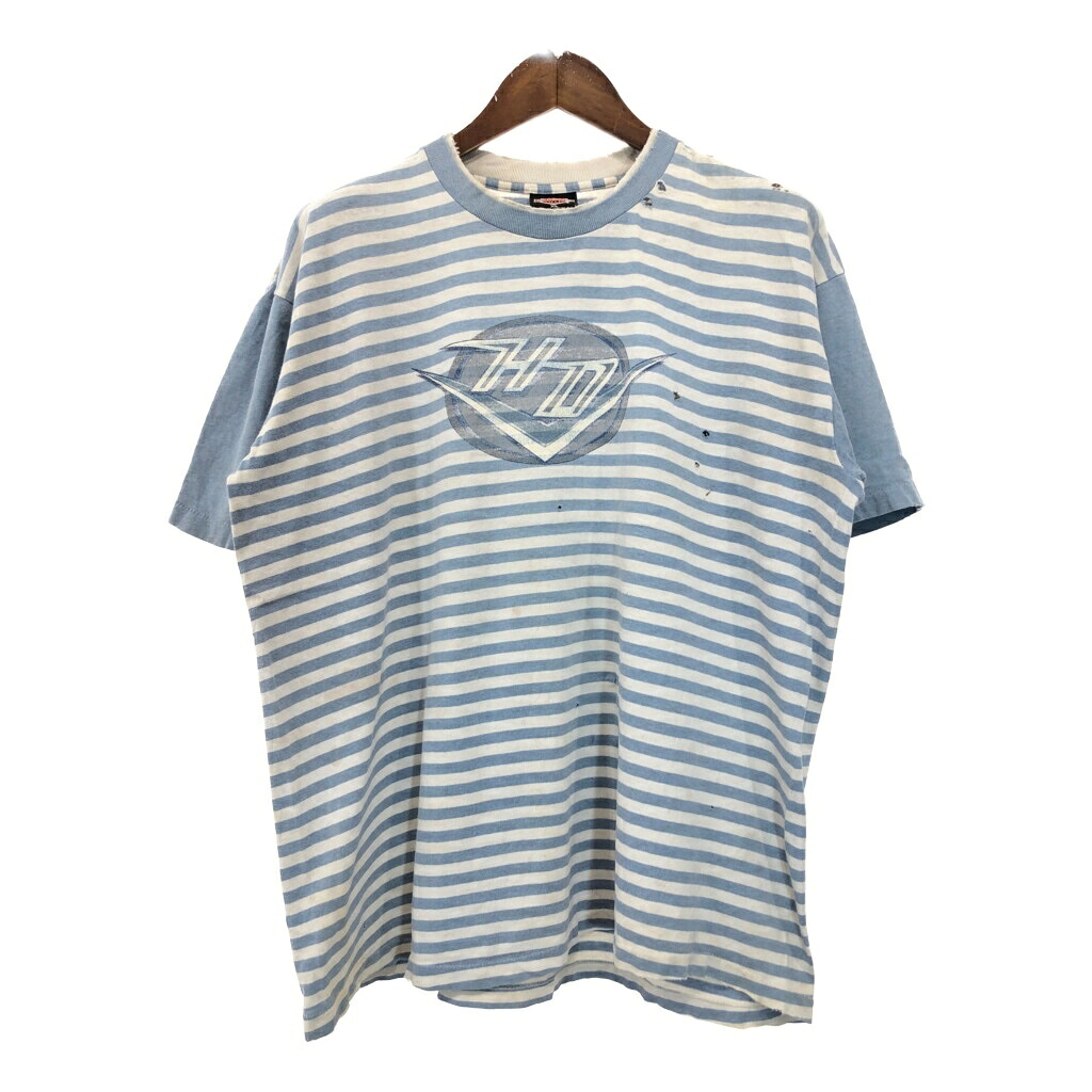 90年代 USA製 HARLEY DAVIDSON ハーレーダビッドソン 半袖Ｔシャツ モーターサイクル ボーダー ライトブルー(メンズ XL)中古 古着 U2156