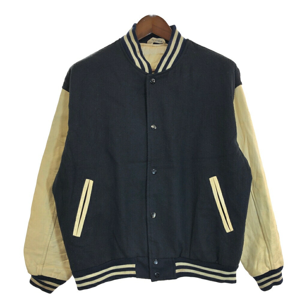 90年代 BLUEZONE ウール レザースタジアムジャケット ブラック(メンズ S)中古 古着 U3394