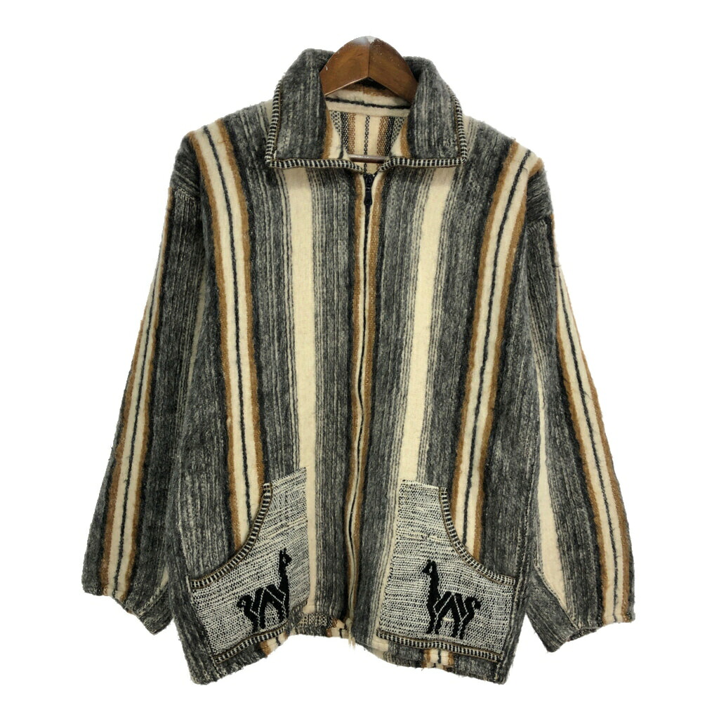 エクアドルニット ウールジャケット ストライプ アルパカ柄 グレー(メンズ M相当)中古 古着 U3447|YAMAHISA USEDCLOTHINGSHOP