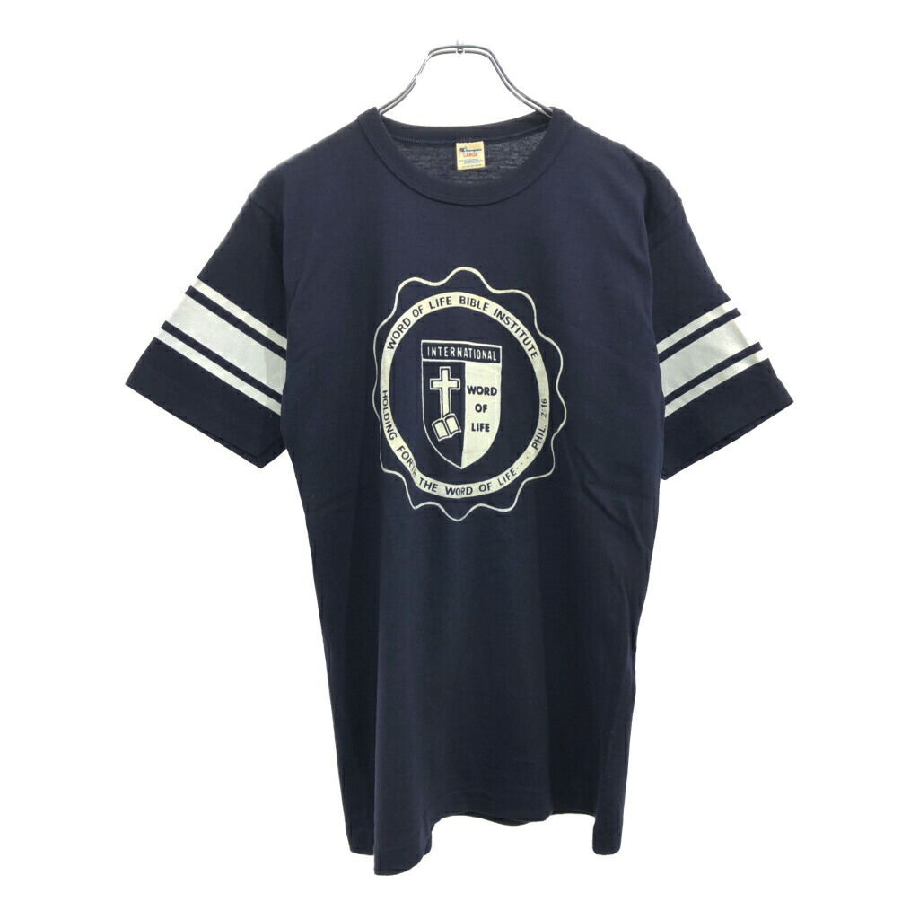 90年代 USA製 Champion チャンピオン Word of Life Bible Institute 半袖Ｔシャツ ネイビー(メンズ LARGE)中古 古着 U5803
