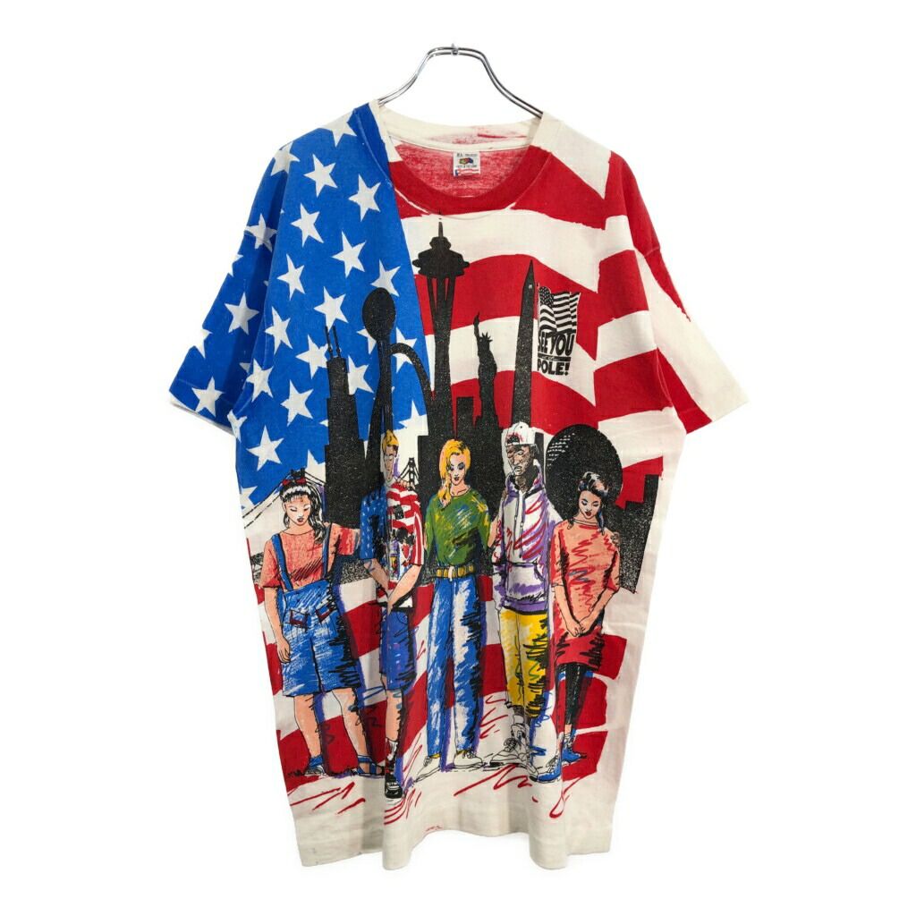 90年代 USA製 SEE YOU AT THE POLE オールオーバープリント 半袖Ｔシャツ ホワイト(メンズ XL)中古 古着 U8021