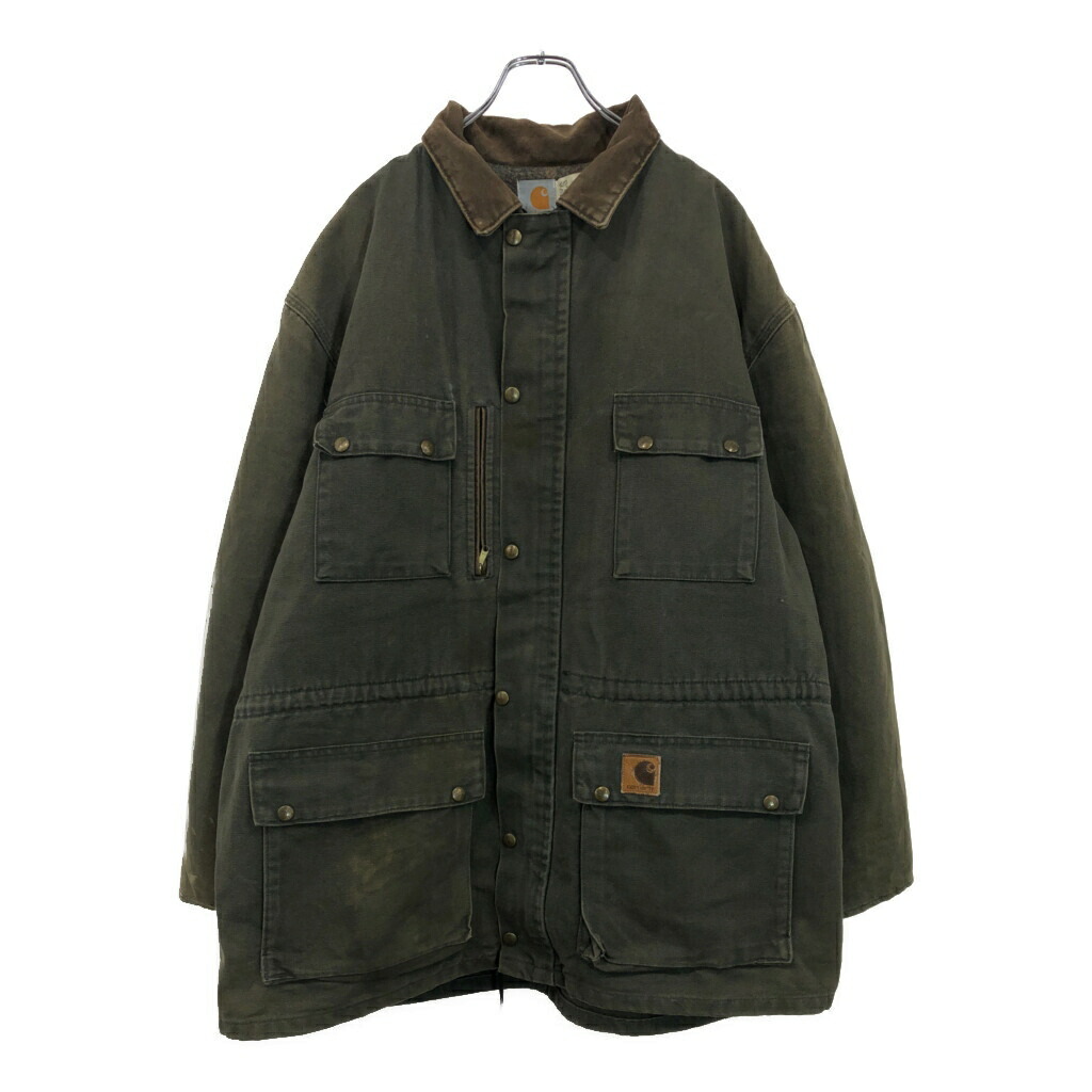 90年代 USA製 Carhartt カーハート ダックワークジャケット オリーブ(メンズ X-LARGE)中古 古着 V0410