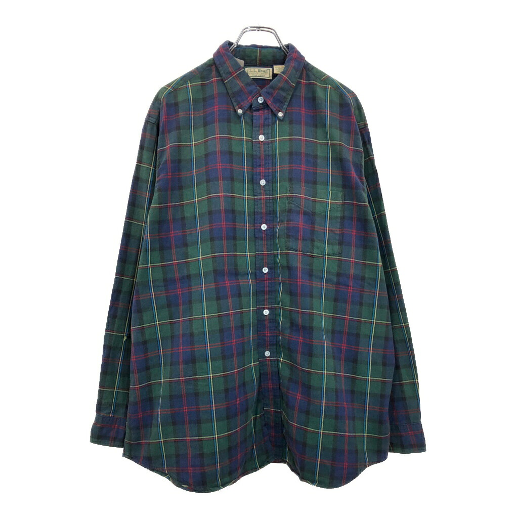 90年代 USA製 L.L.Bean エルエルビーン ボタンダウン 長袖シャツ アウトドア チェック グリーン(メンズ XL)中古 古着 v2568