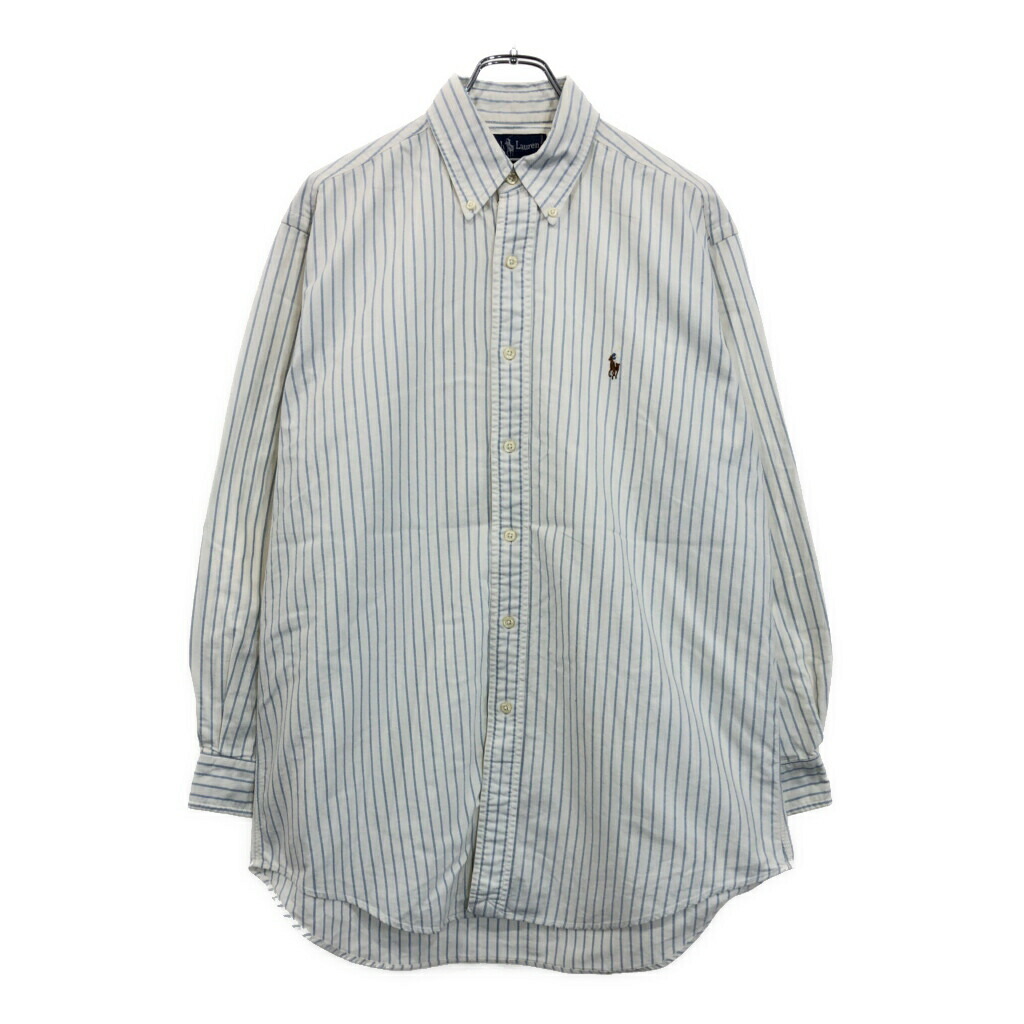 90年代 RALPH LAUREN ラルフローレン YARMOUTH ボタンダウン 長袖シャツ ストライプ ホワイト(メンズ 15 1/2)中古 古着 V2888