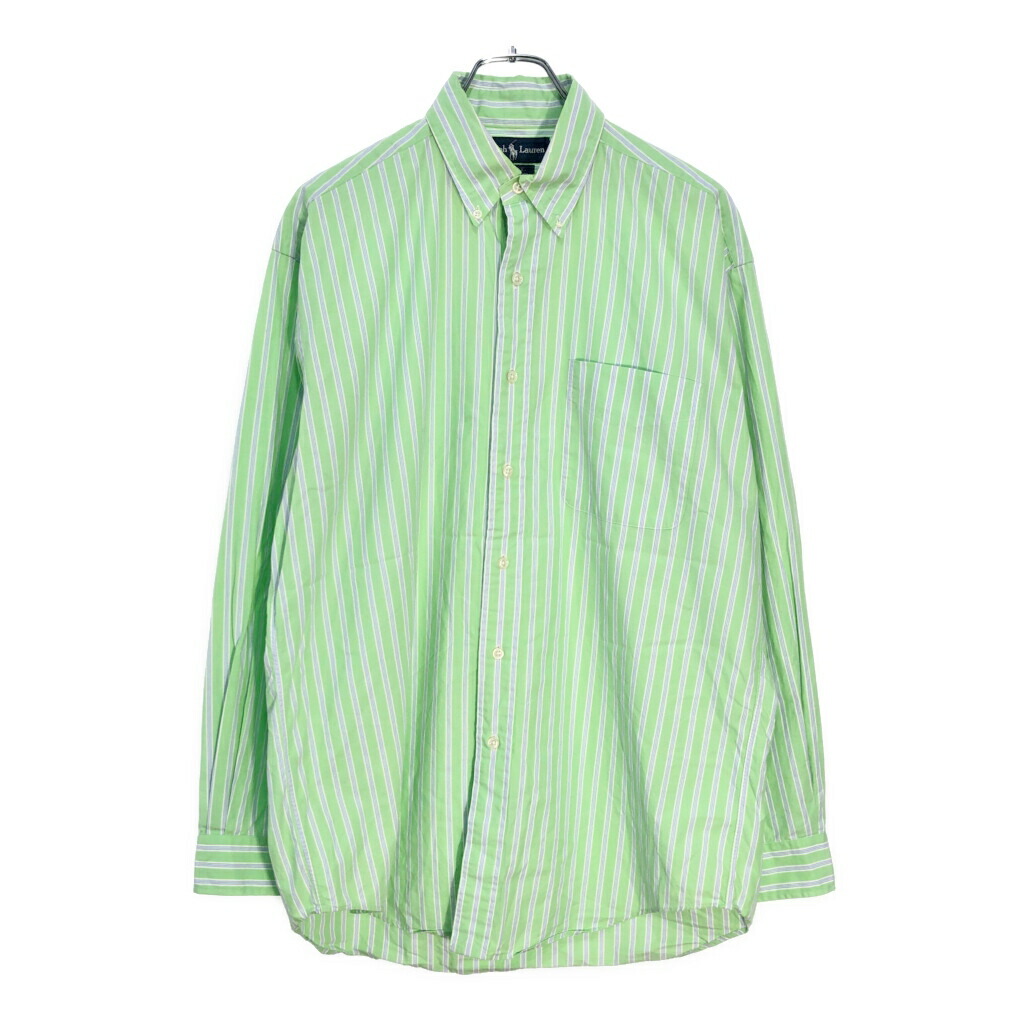 90年代 RALPH LAUREN ラルフローレン BLAKE ボタンダウン 長袖シャツ ストライプ ライトグリーン(メンズ M)中古 古着 V4835