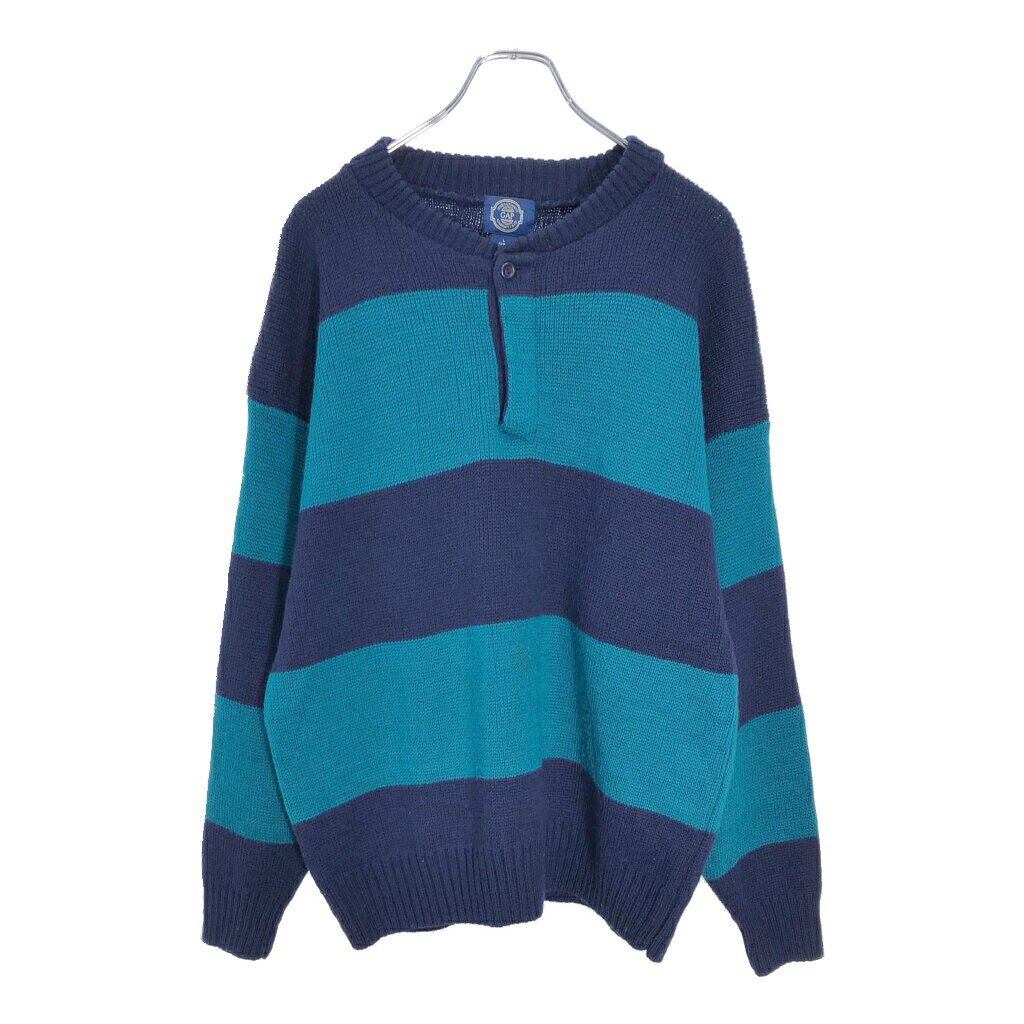 90年代 GAP ギャップ ヘンリーネック ウールニット セーター ファットボーダー ネイビー(メンズ M)中古 古着 V7936|YAMAHISA USEDCLOTHINGSHOP