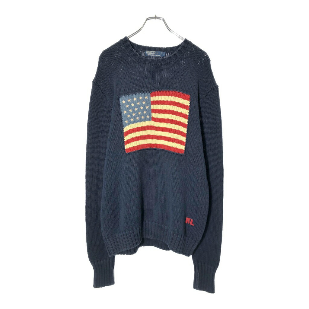 90年代 Polo by Ralph Lauren ポロ ラルフローレン 星条旗 コットンニット セーター ネイビー(メンズ M)中古 古着 V8574