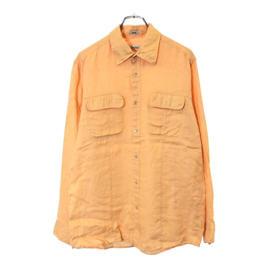 Calvin klein カルバンクライン 長袖リネンシャツ オレンジ(メンズ M)中古 古着 V8615