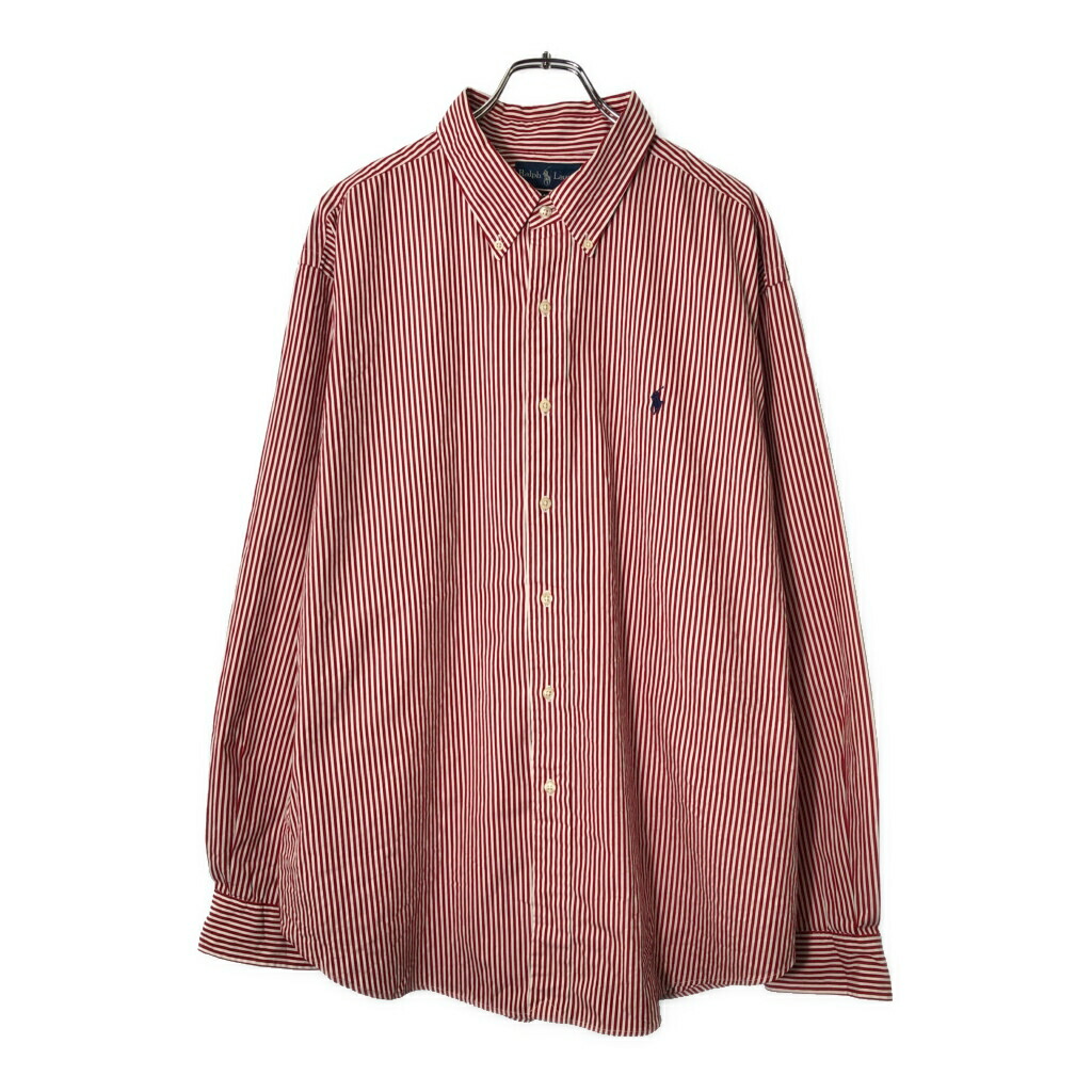 90年代 Polo by Ralph Lauren ポロ ラルフローレン ボタンダウン 長袖シャツ ストライプ レッド(メンズ XXL)中古 古着 V8671
