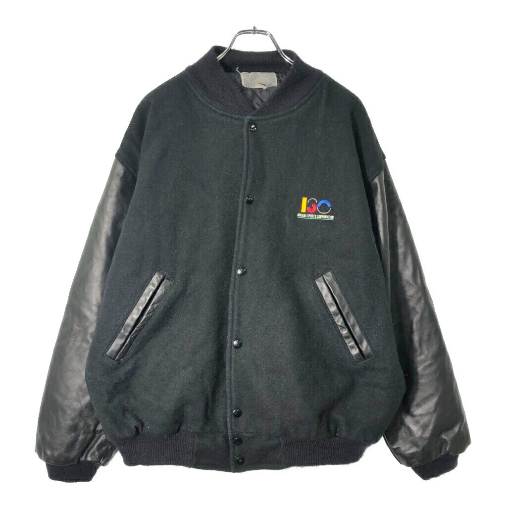 90年代 企業ロゴ ウール レザースタジアムジャケット ブラック(メンズ L)中古 古着 V8694