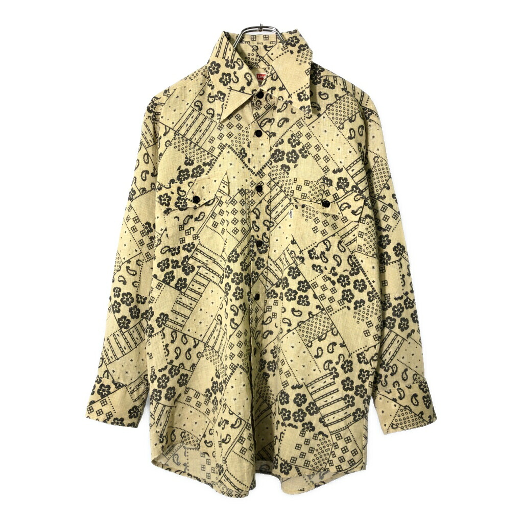 70年代 Levi's リーバイス 総柄 長袖シャツ ヴィンテージ カーキ(メンズ LARGE)中古 古着 V8960