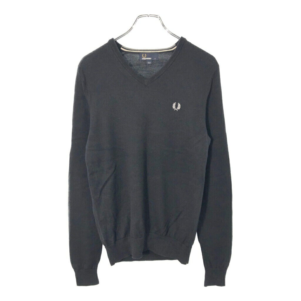 FRED PERRY フレッドペリー Vネック ウールニットセーター ブラック(メンズ S)中古 古着 V9753