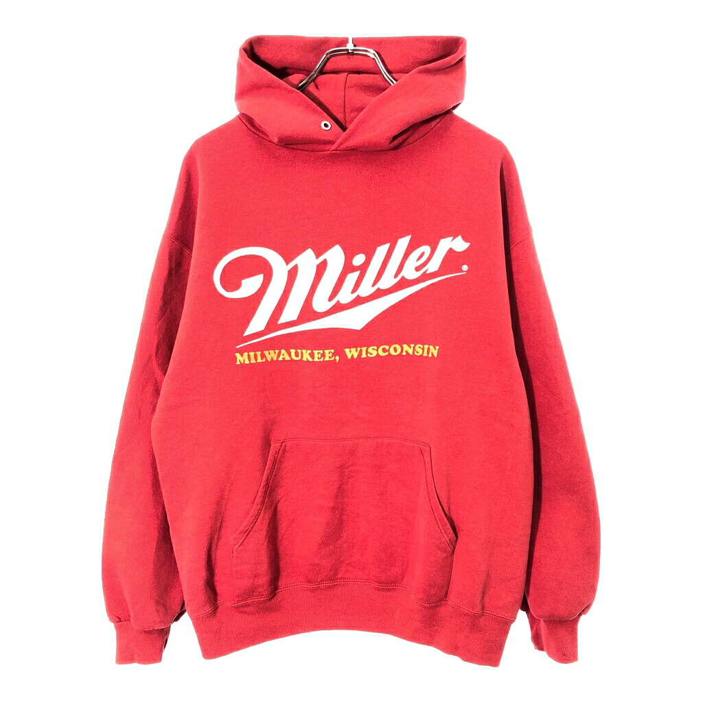 90年代 USA製 Swingster スウィングスター Miller ミラー パーカー 企業ロゴ レッド(メンズ L)中古 古着 X0208