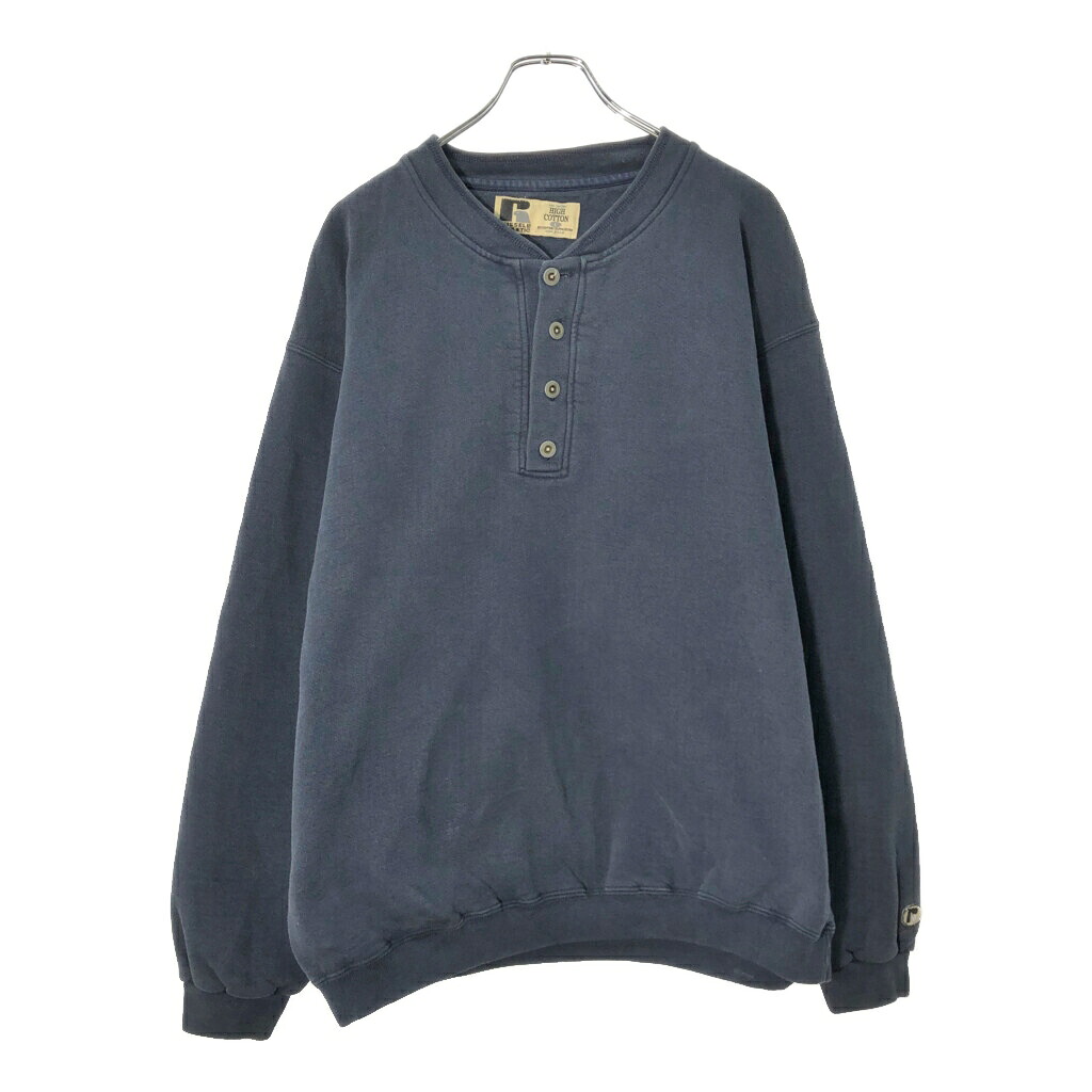 90年代 USA製 RUSSELL ATHLETIC ラッセル HIGH COTTON ヘンリーネック スウェット ネイビー(メンズ L)中古 古着 X0985