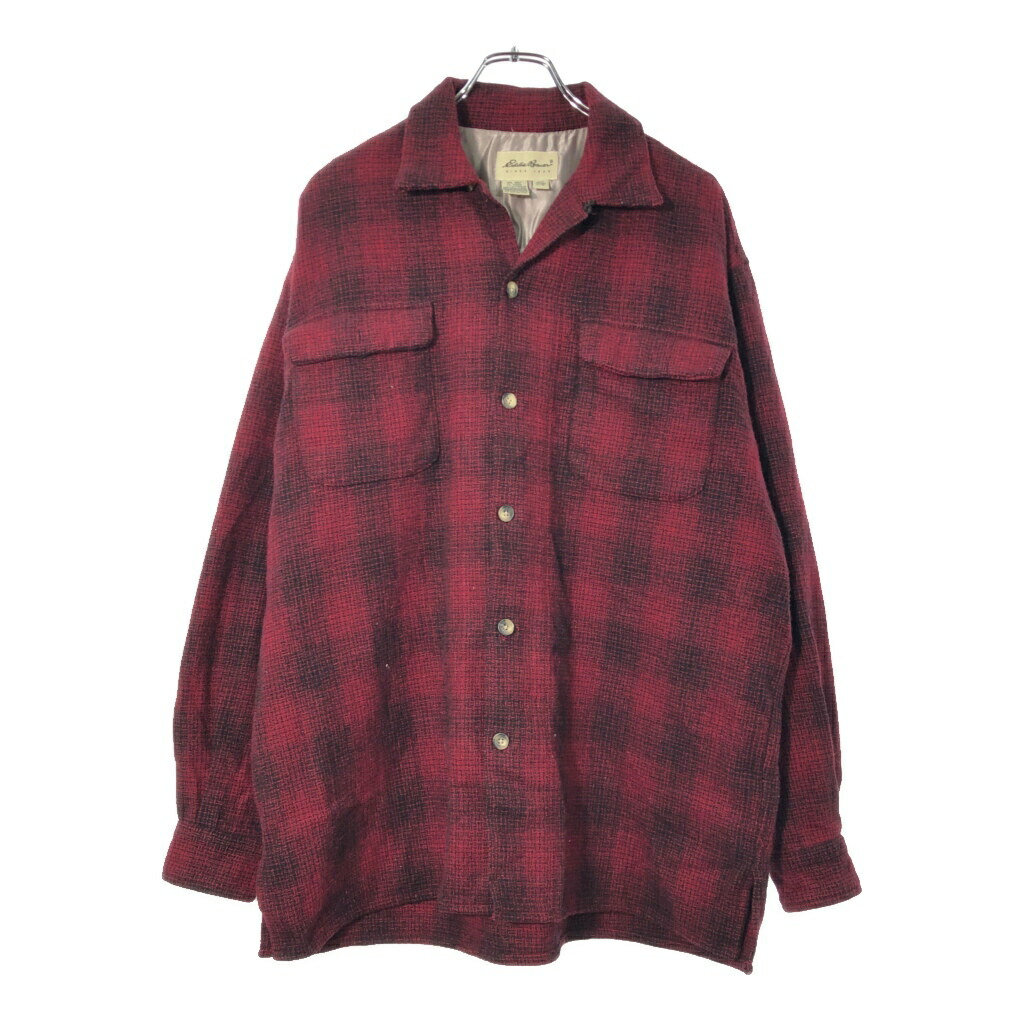 90年代 Eddie Bauer エディーバウアー オープンカラーシャツジャケット アウトドア オンブレチェック レッド(メンズ L)中古 古着 X1106