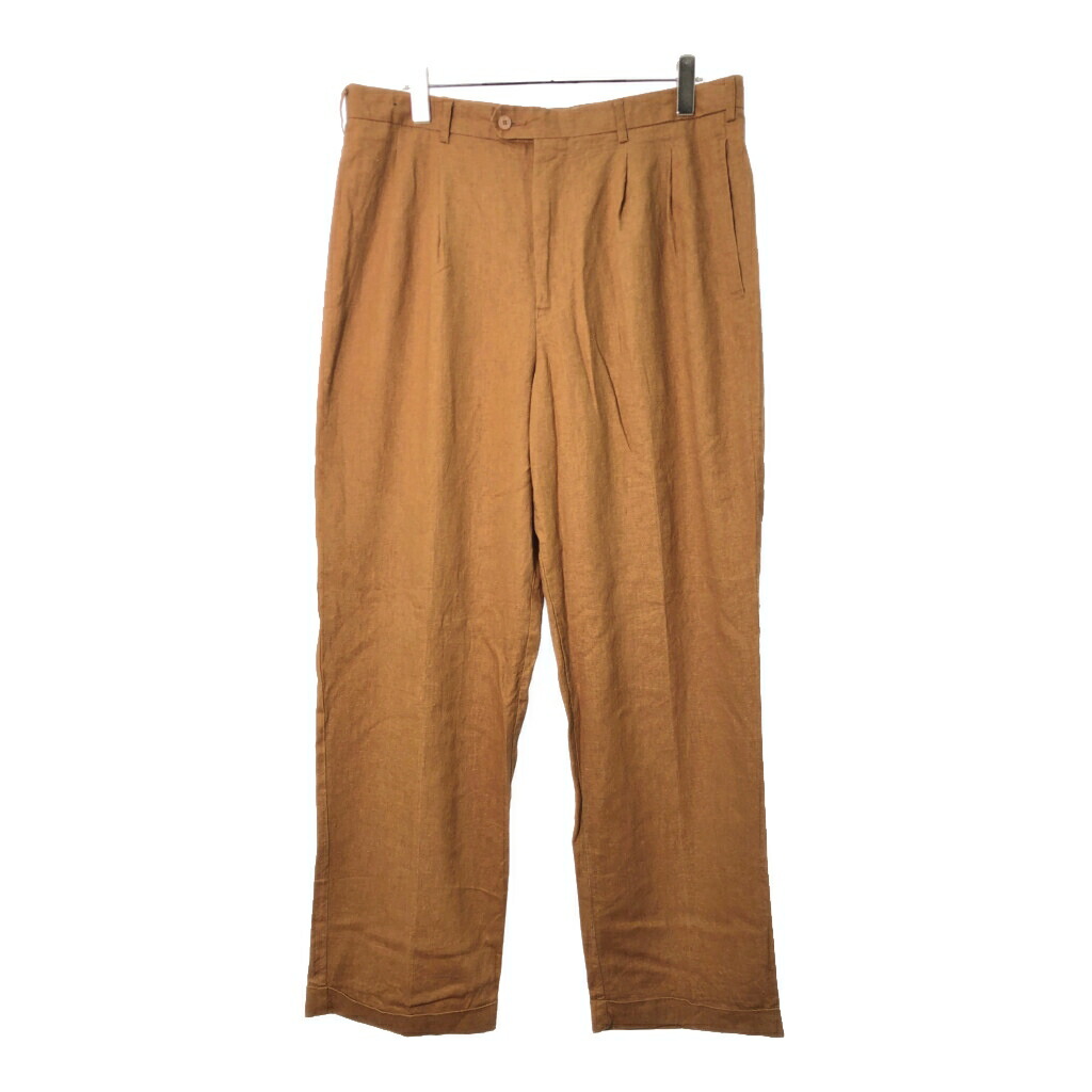 Trust リネン混 2タック ワイドスラックスパンツ 大きいサイズ ブラウン(メンズ W38 L32)中古 古着 X1119