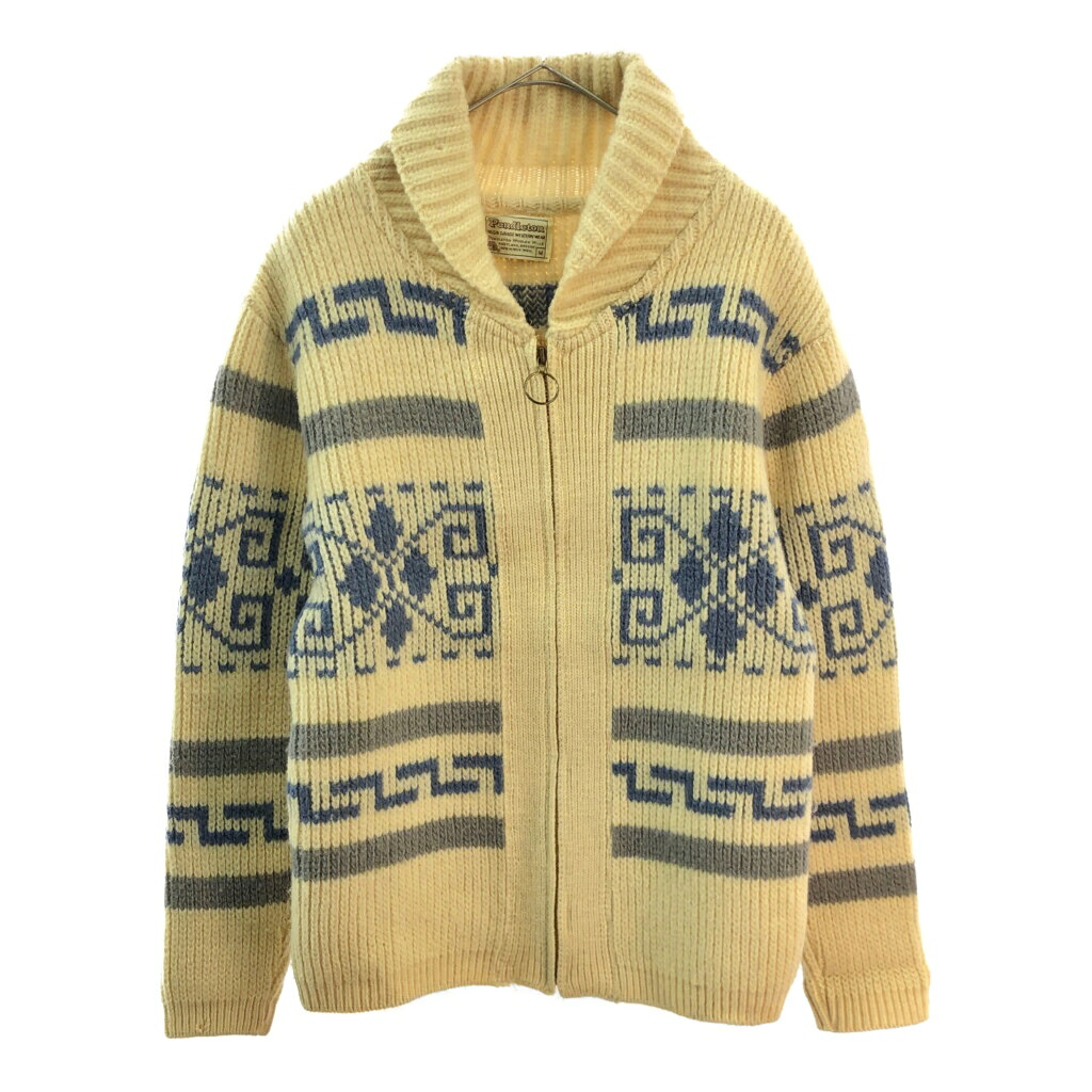 70年代 USA製 PENDLETON ペンドルトン カウチンニットセーター ヴィンテージ 総柄 アイボリー(メンズ M)中古 古着 X3353|YAMAHISA USEDCLOTHINGSHOP