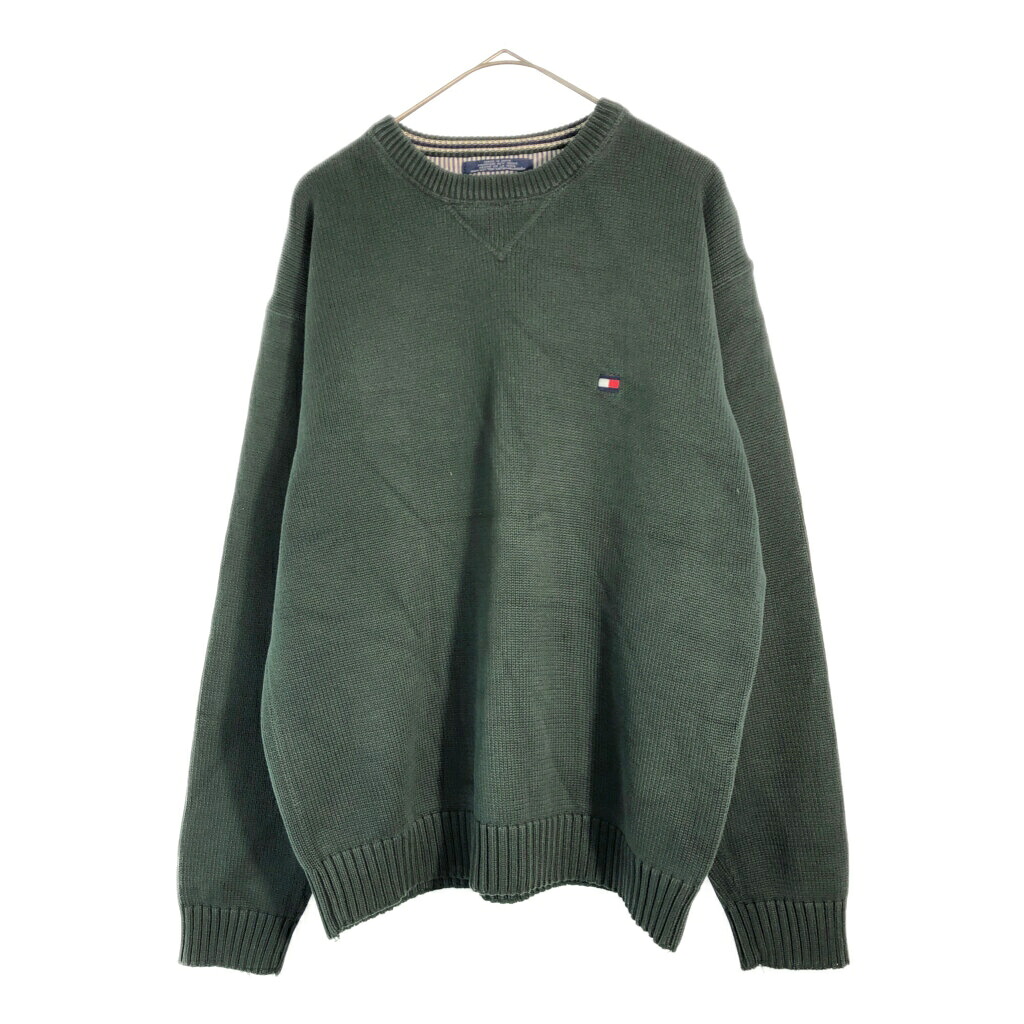 90年代 TOMMY HILFIGER トミーヒルフィガー コットンニットセーター グリーン(メンズ XL)中古 古着 X4237
