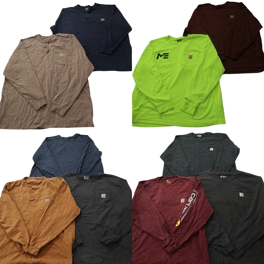 古着卸 まとめ売り カーハート Carhartt 長袖Tシャツ 10枚セット (メンズ 2XL ) ヘンリーネック ワンポイント 袖ロゴ 中古 古着 ND9110