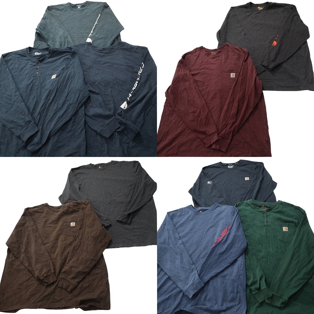 古着卸 まとめ売り カーハート Carhartt 長袖Tシャツ 10枚セット (メンズ 2XL ) 袖ロゴ ヘンリーネック クルーネック 中古 古着 ND9111