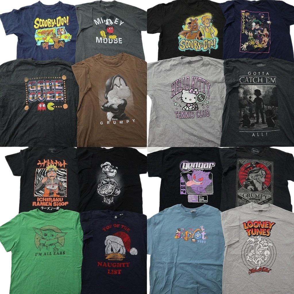古着卸 まとめ売り キャラクター 半袖Tシャツ 16枚セット (メンズ XL ) ポケモン ゲンガー ディズニー ナルト サンリオ 中古 古着 ND9857