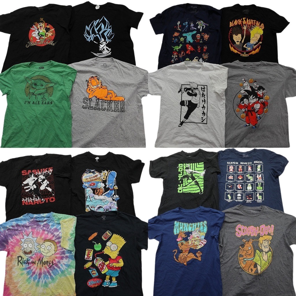 古着卸 まとめ売り キャラクター 半袖Tシャツ 16枚セット (メンズ L ) ガーフィールド ドラゴンボール ワンピース ナルト 中古 古着 ND9878