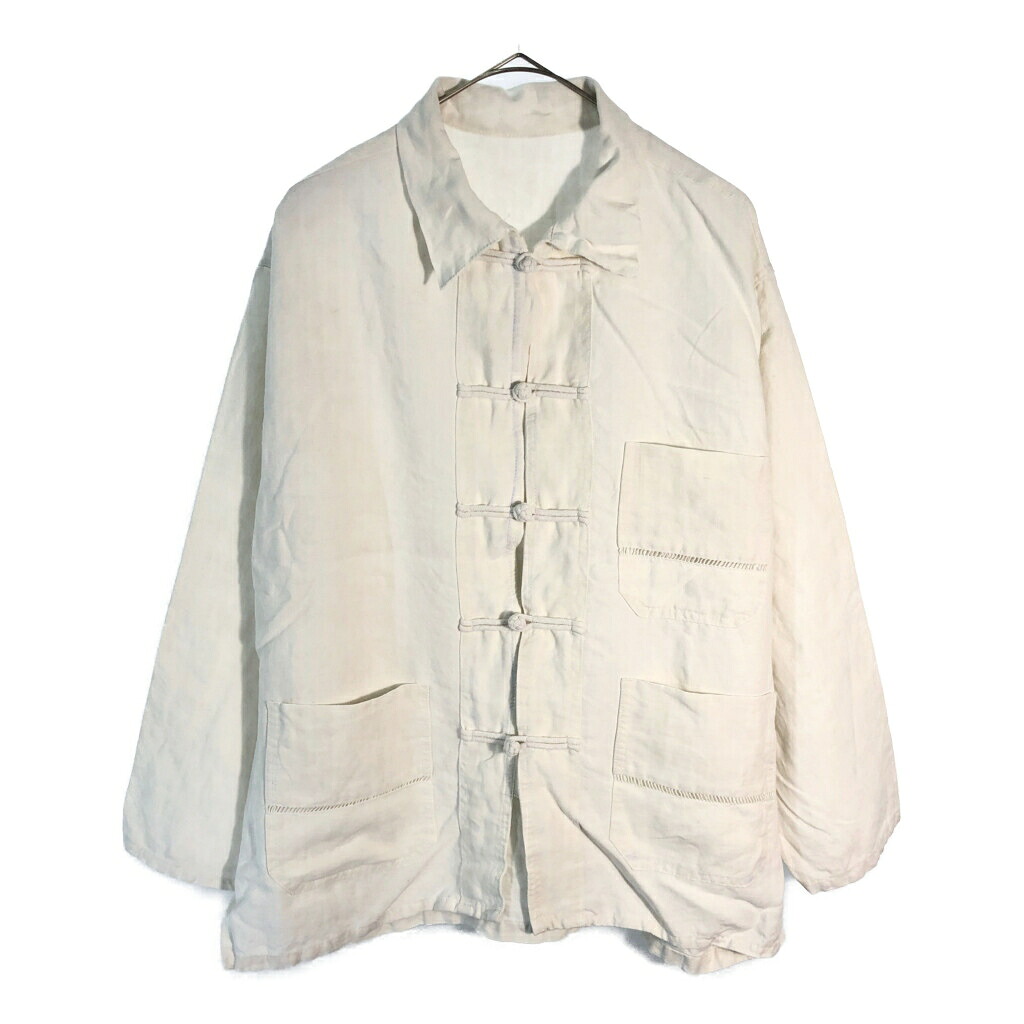 リネン チャイナシャツジャケット ヴィンテージ アイボリー(メンズ S相当)中古 古着 X5913｜YAMAHISA USEDCLOTHINGSHOP