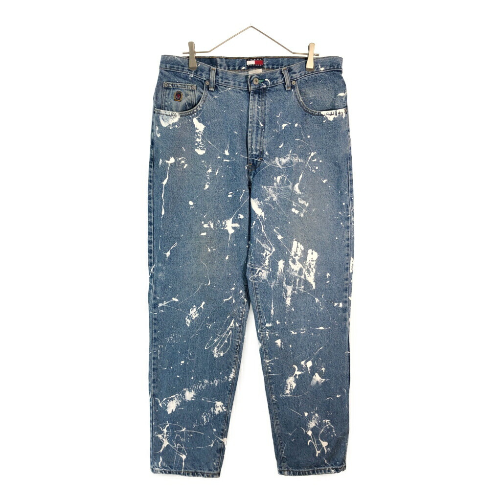 90年代 USA製 TOMMY HILFIGER トミーヒルフィガー デニムパンツ ペンキ ブルー(メンズ W36 L32)中古 古着 X5930