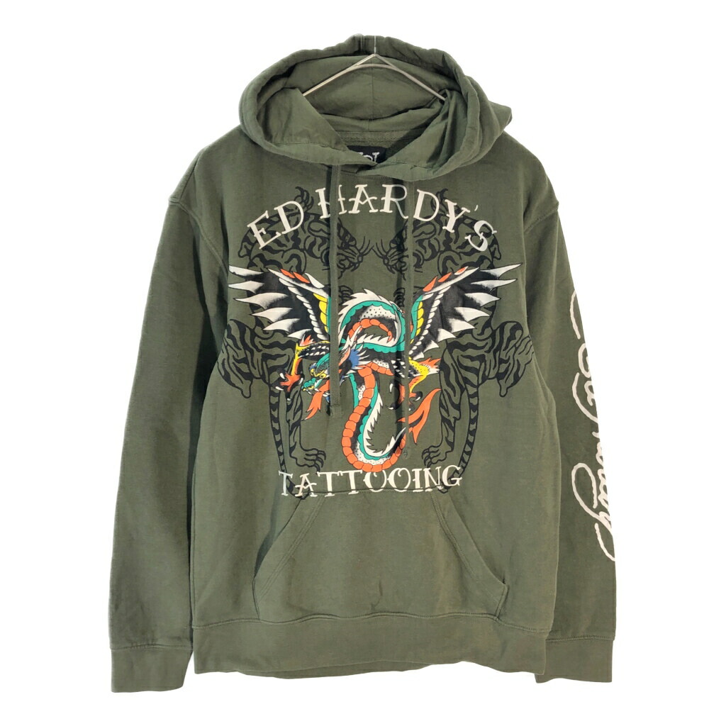 Ed Hardy エドハーディー アメトラ タトゥー スウェットパーカー オリーブ(メンズ S)中古 古着 X6556 7,387円