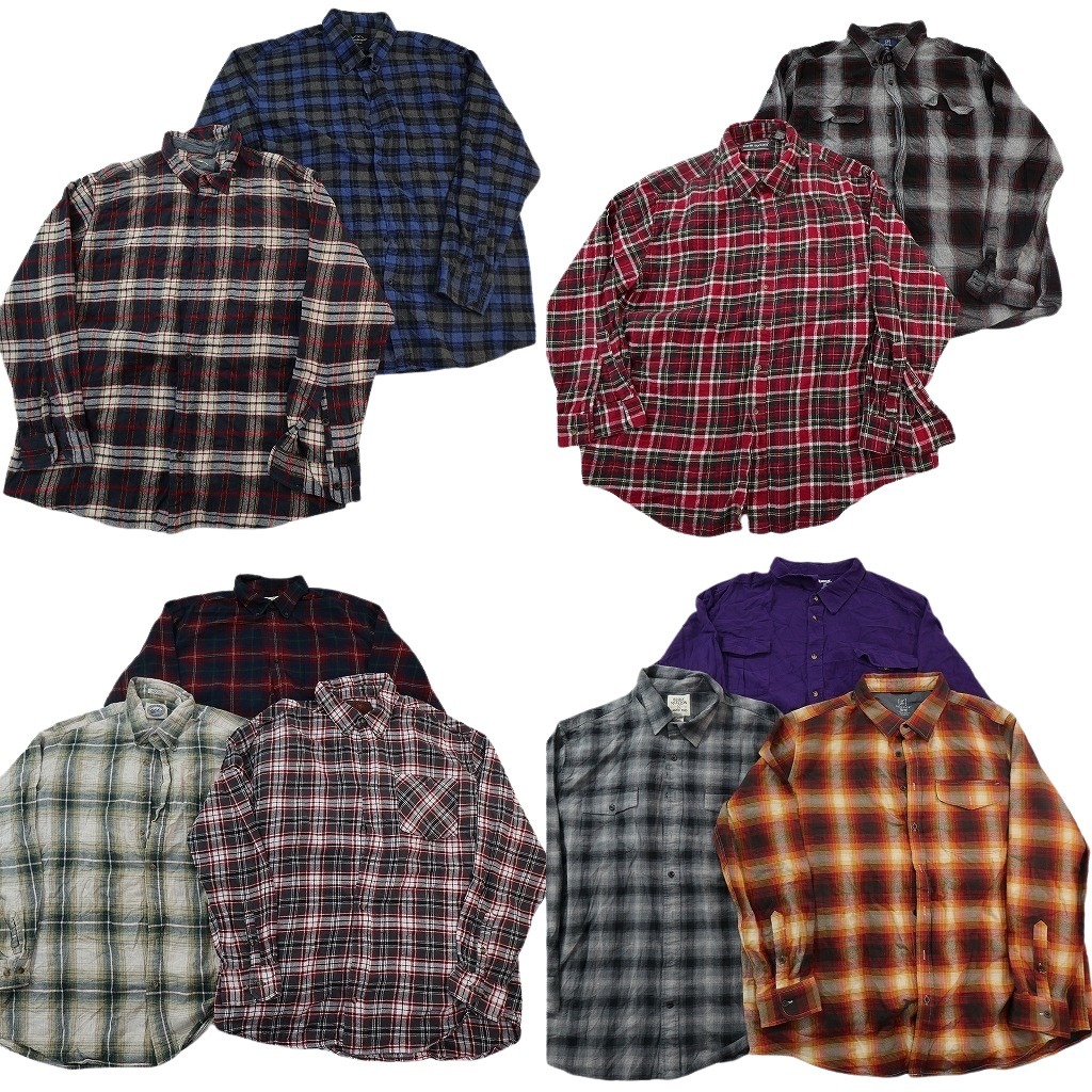 古着卸 まとめ売り ライトネル 長袖シャツ 10枚セット (メンズ 2XL /3XL /5XL ) オンブレ チェック ダブルフラップ マドラス 中古 NE0965