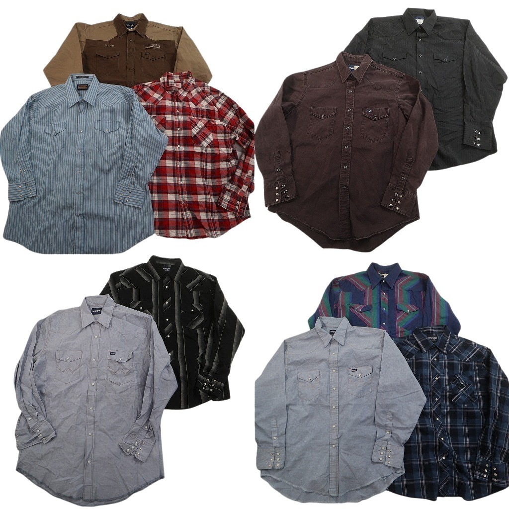 古着卸 まとめ売り ウエスタン 長袖シャツ 10枚セット (メンズ XL ) ラングラー チェック ストライプ マルチカラー 中古 古着 NE1133