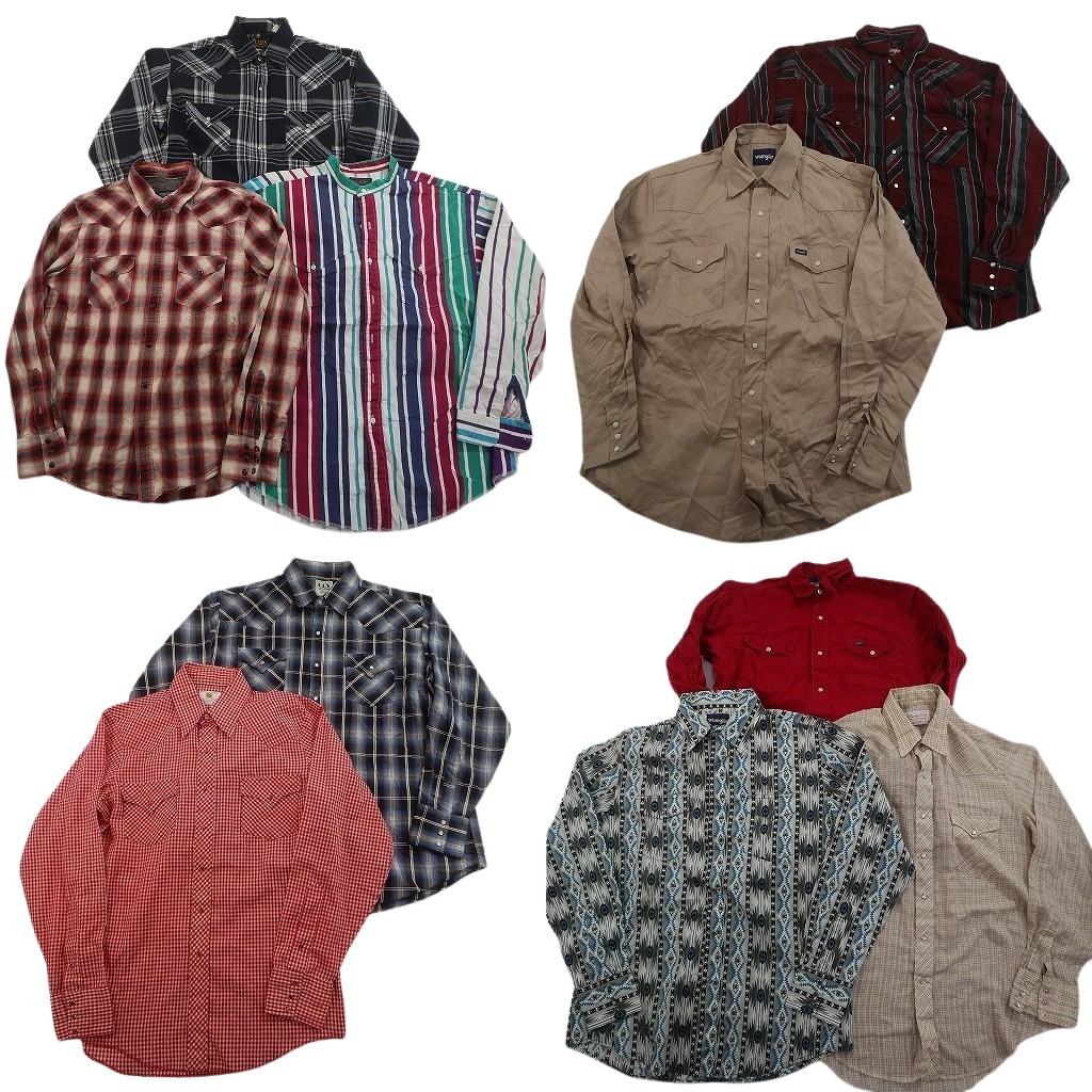 古着卸 まとめ売り ウエスタン 長袖シャツ 10枚セット (メンズ L /XL ) ラングラー ネイティブ柄 チェック ノーカラー 中古 古着 NE1134