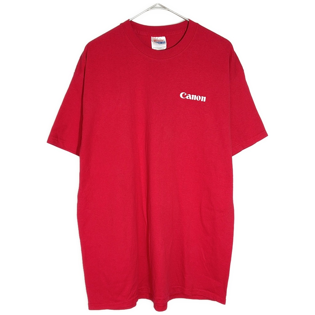 00年代 Canon キヤノン ワンポイントロゴＴシャツ 企業ロゴ レッド(メンズ XL)中古 古着 X7503