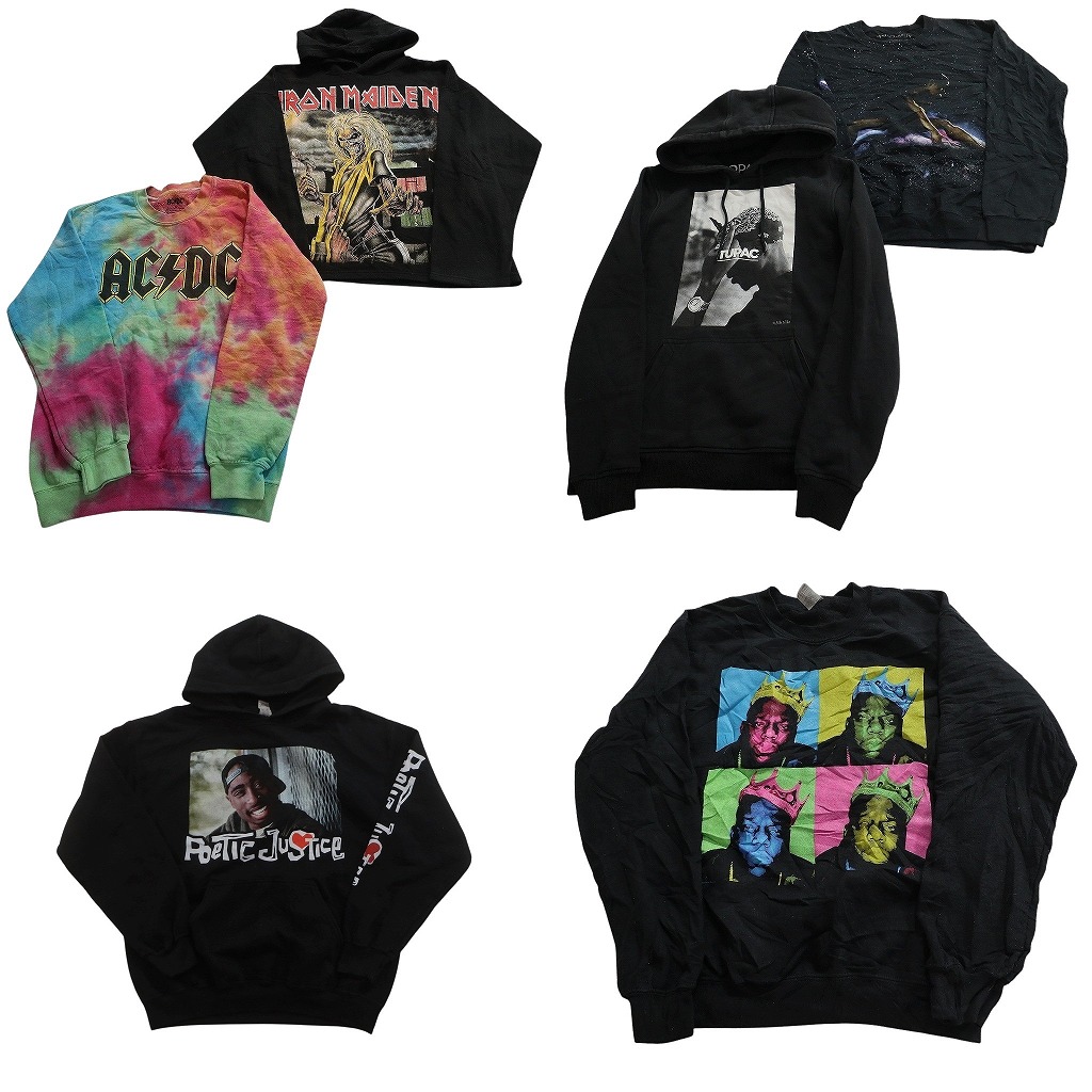 古着卸 まとめ売り 音楽・バンド スウェット 6枚セット (メンズ S /M ) 人物 2PAC AC/DC フーディー タイダイ柄 中古 古着 NE1691